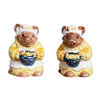 Mouse Salt and Pepper Shakers, Ceramic Country Mice with Baskets of Flowers