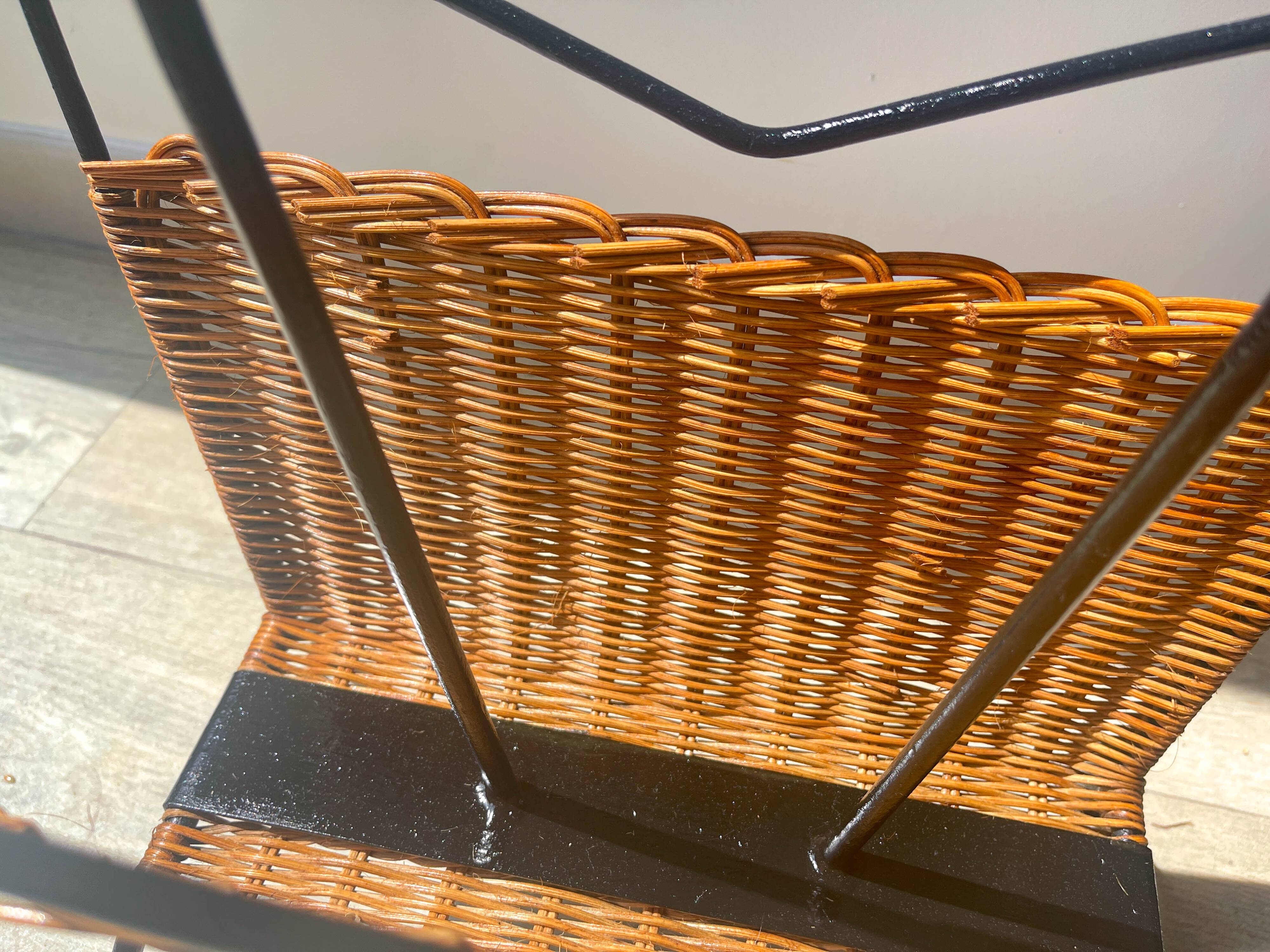 Vintage wicker and metal magazine rack 1970