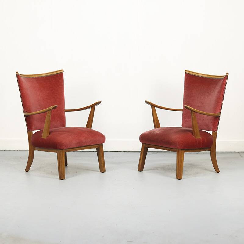 Set of Two Vintage Armchairs with Oak Frames