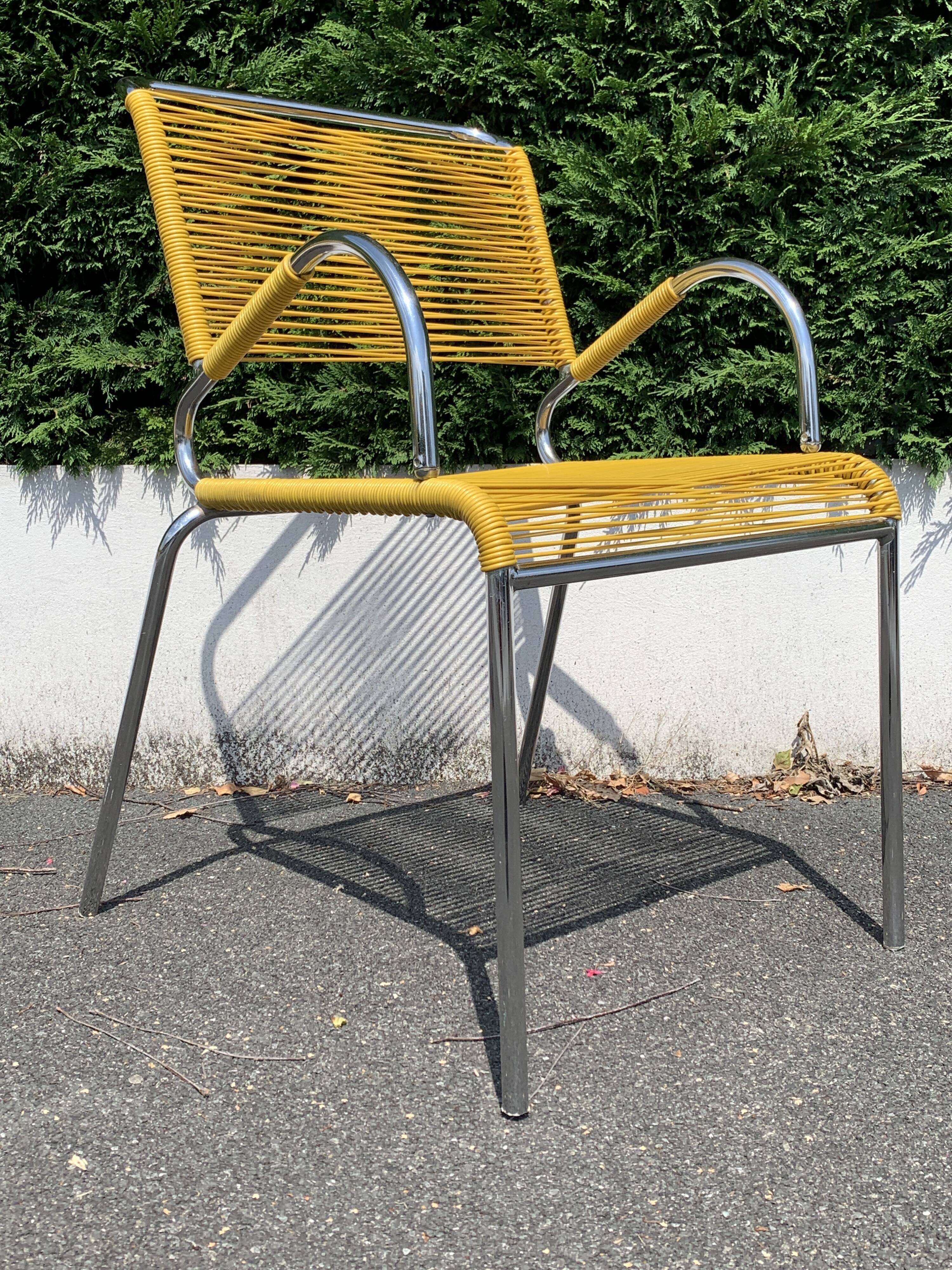 6 yellow and stackable armchairs, scoubidou by Dupré Perrin