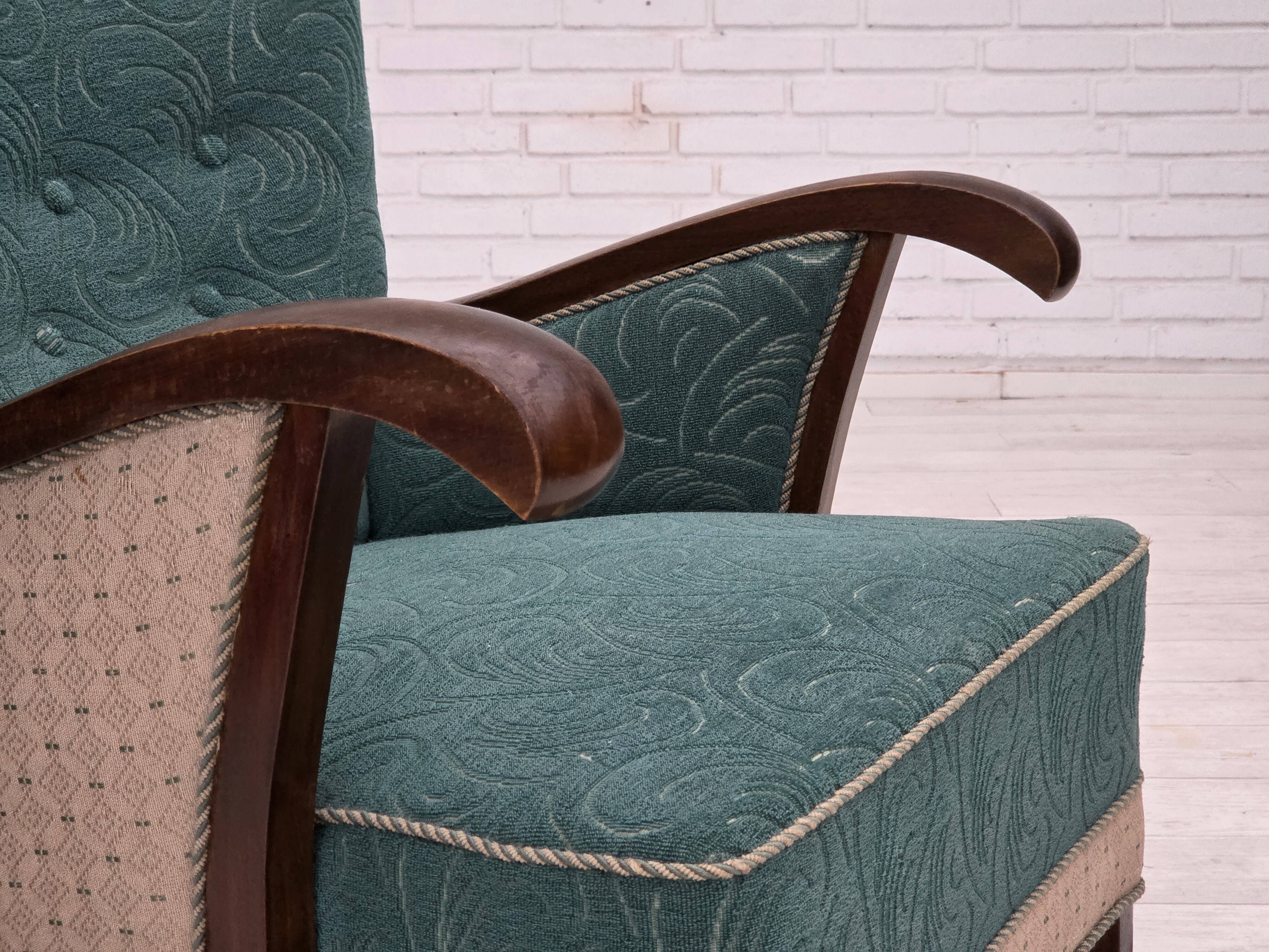 1950s, Danish armchair, original green/beige furniture wool, beech wood.