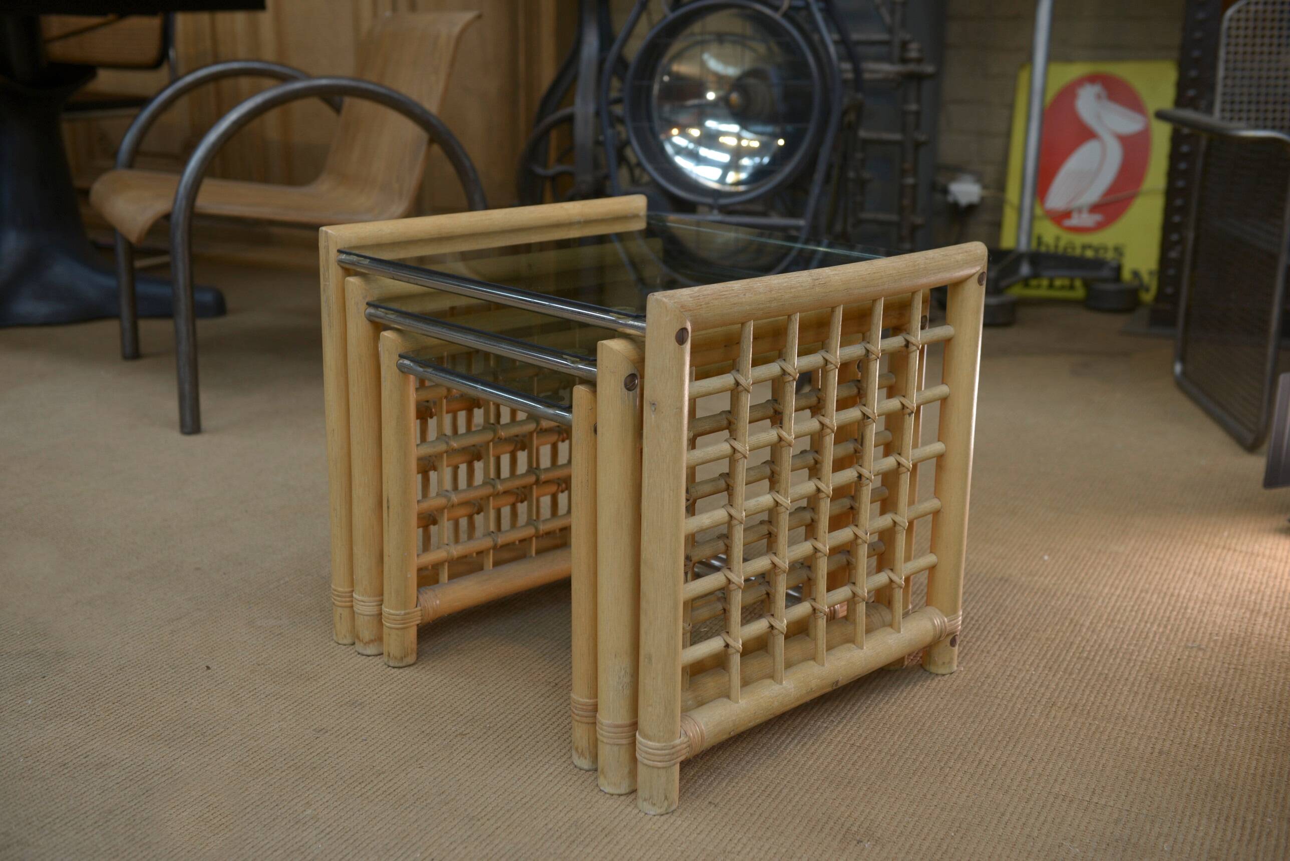 Set of 3 bamboo nesting tables 1960