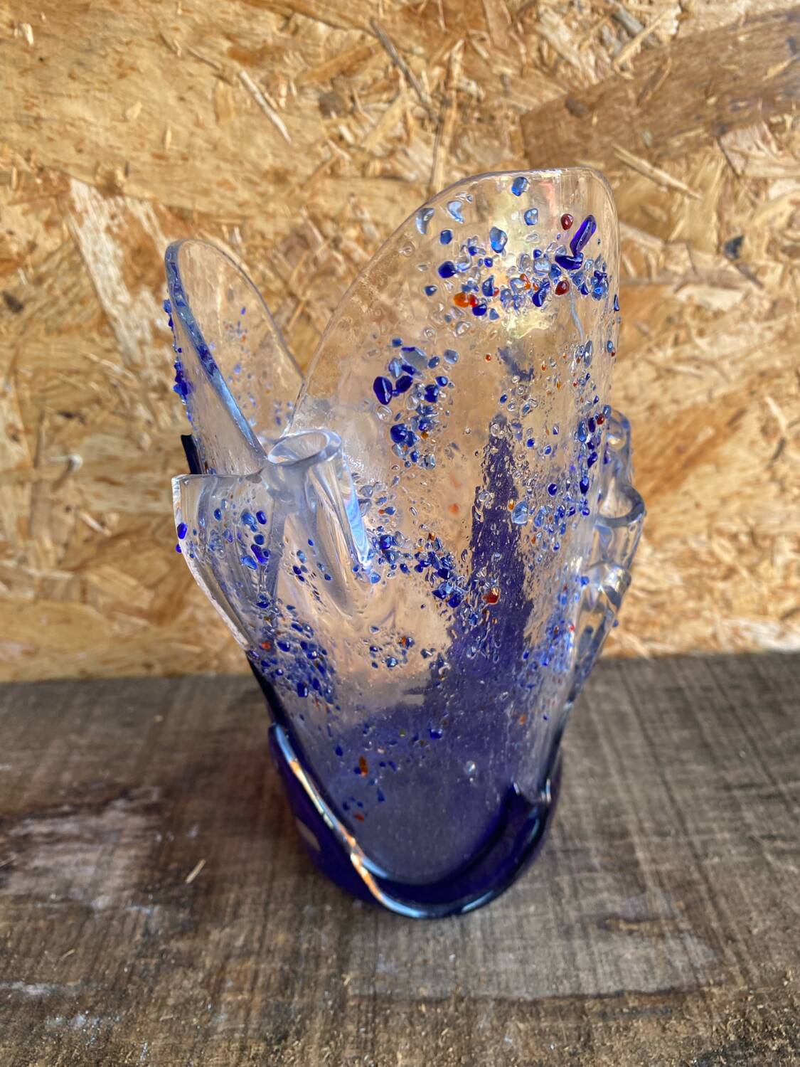 Vintage Blue & Transparent Layered Glass Inlaid Design Vase