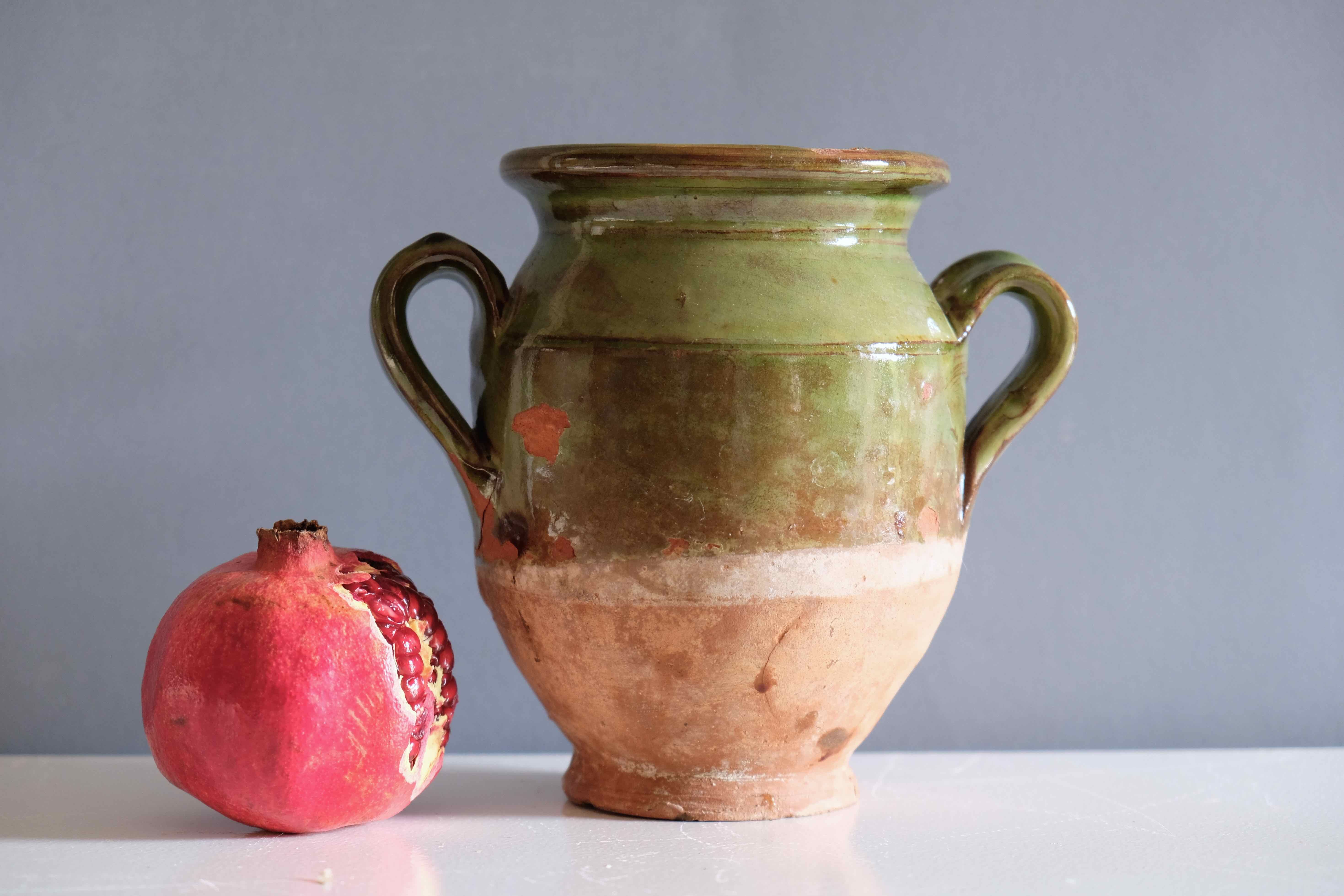 Terra cotta glazed Provencal old enameled antique olive jar