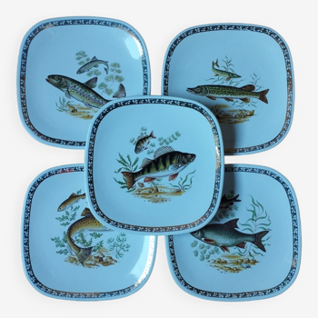 5 assiettes carrées decor poisson, porcelaine de Longchamp