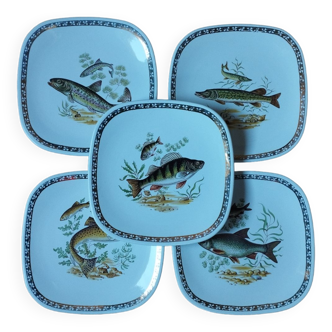 5 assiettes carrées decor poisson, porcelaine de Longchamp