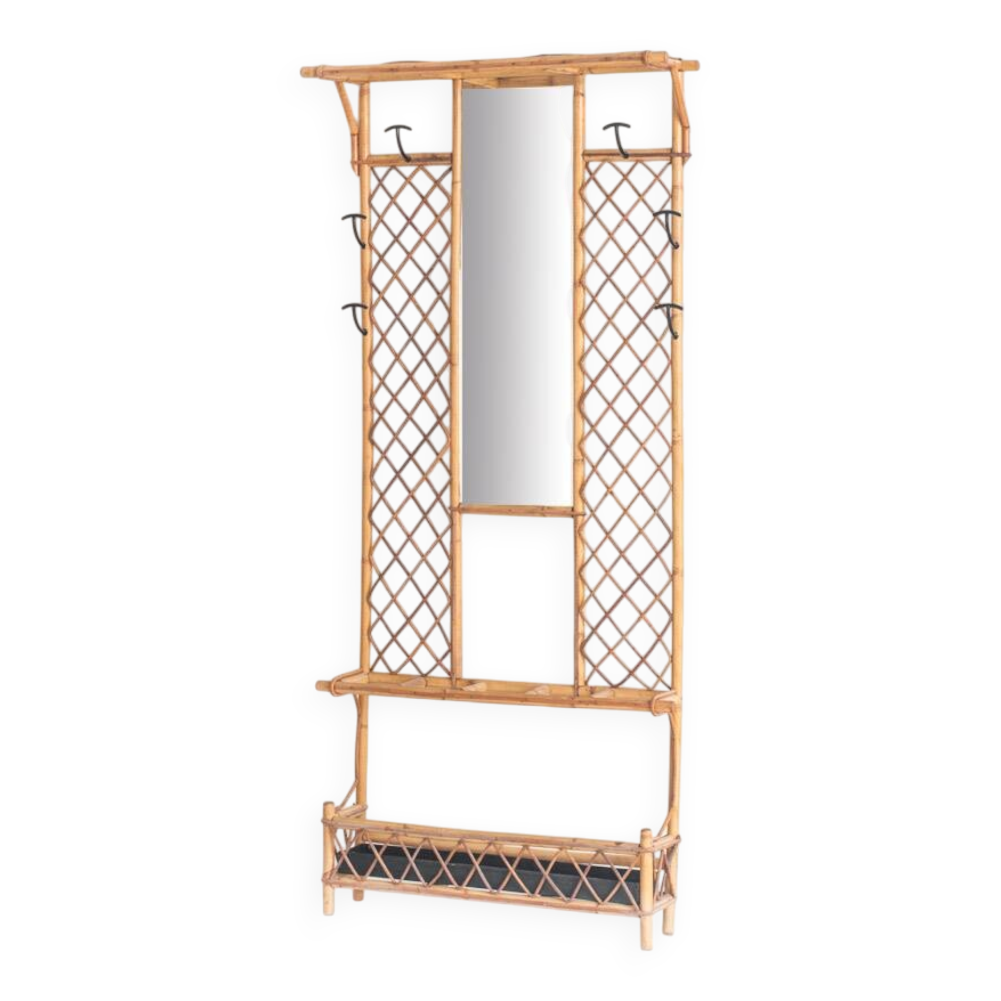 Vintage hall coat rack with mirror. Cane and metal. France, 1960s