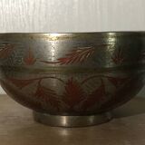 Antique ISLAMIC BOWL in tinned BRASS with engraved decoration and colored patterns