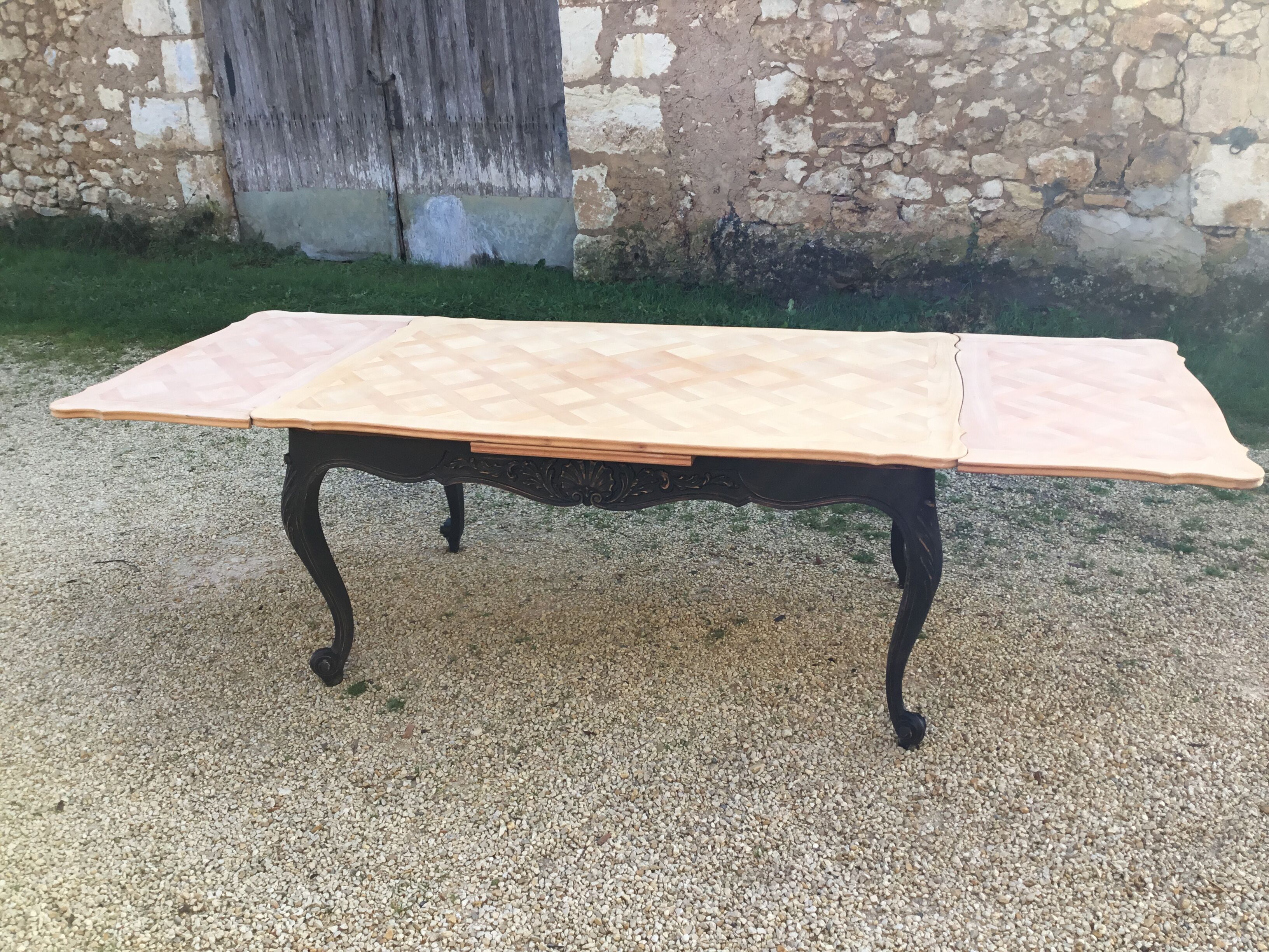 Louis XV style table in cherry wood restyled base in black and raw wood top