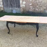 Louis XV style table in cherry wood restyled base in black and raw wood top