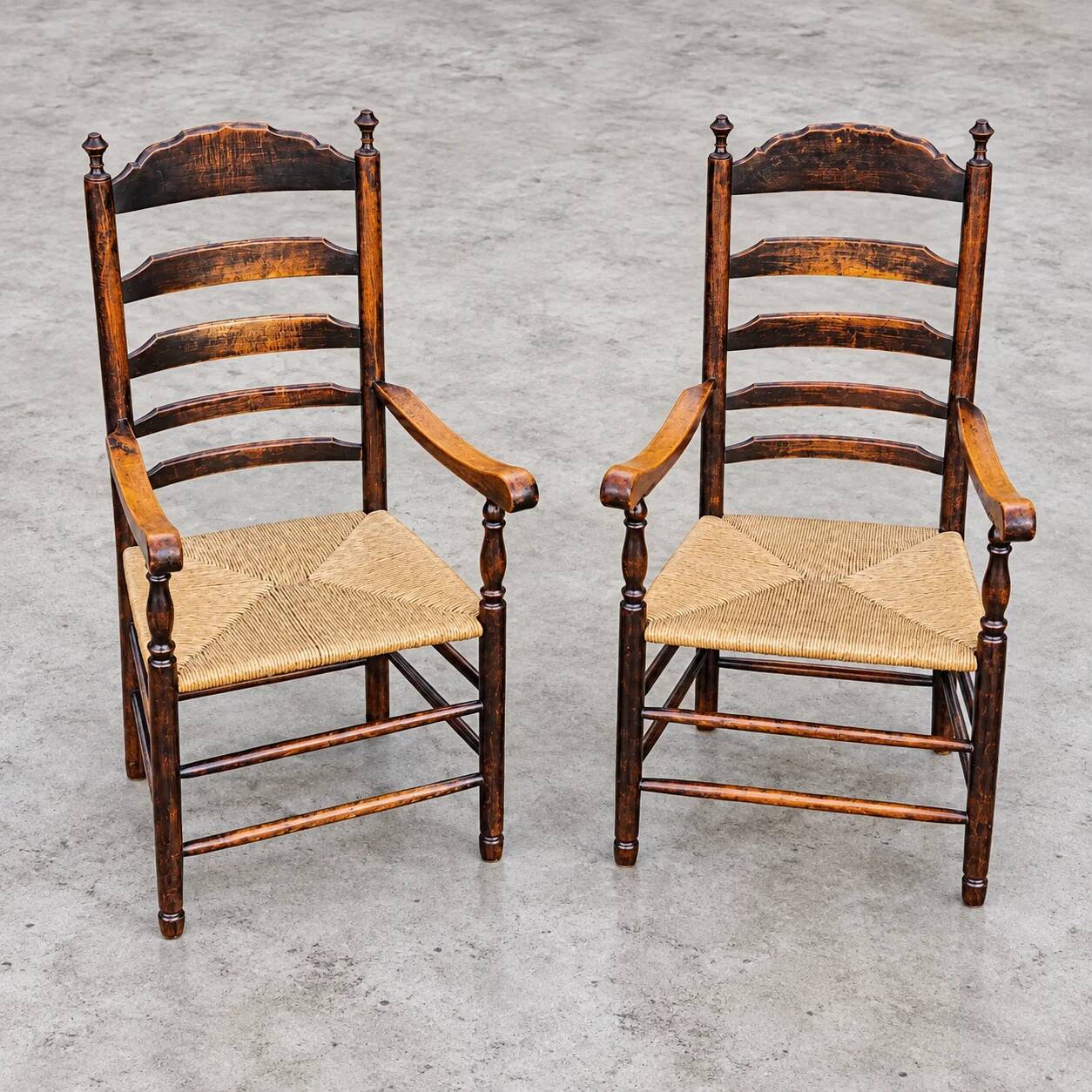 Early 20th century handcrafted and carved highback / ladder back chairs /