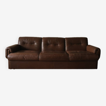 Mid century 3-seater sofa in stitched brown leather, 1970