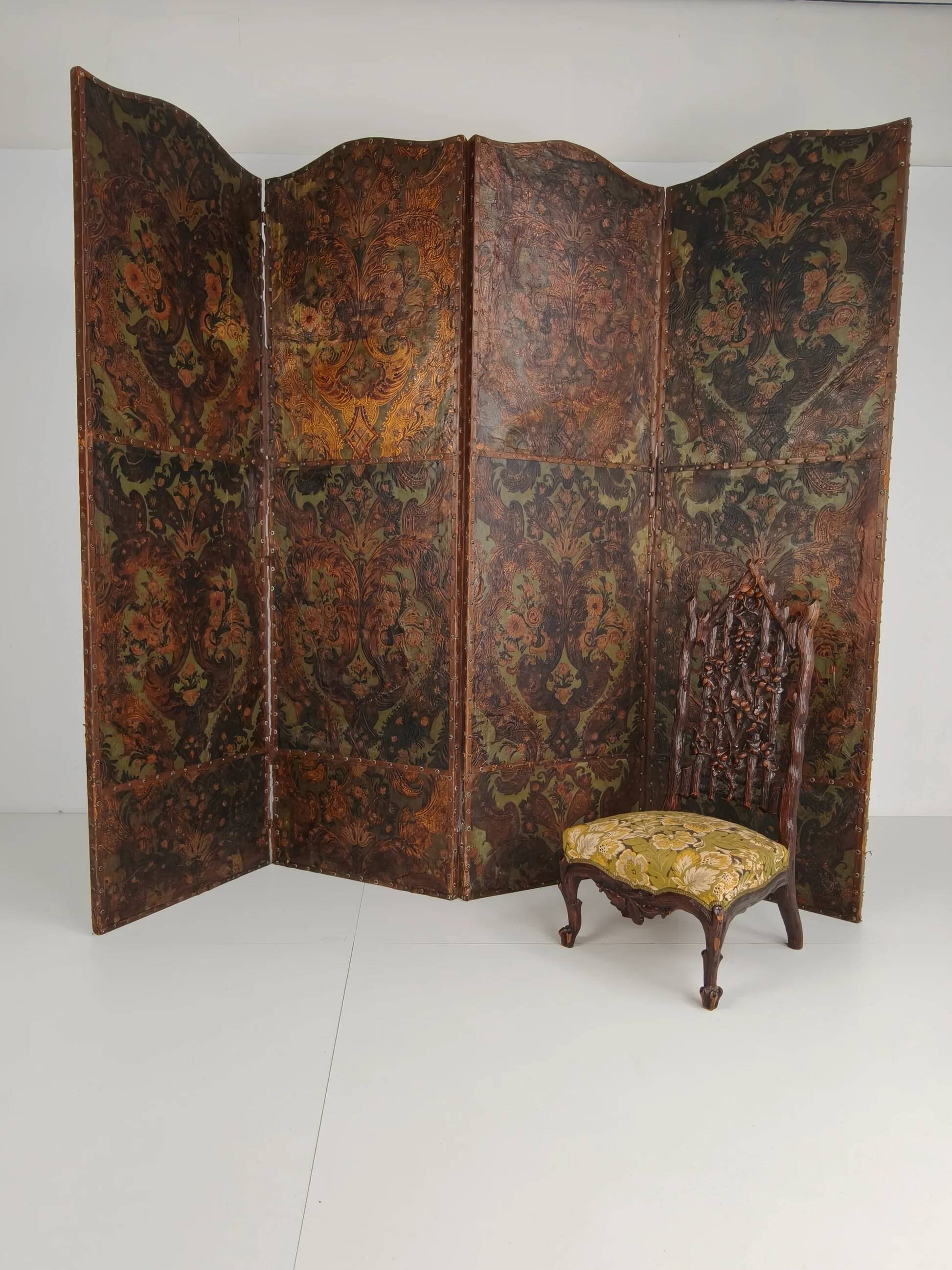 Late 18th-century Belgian embossed leather folding screen – after Daniel Marot