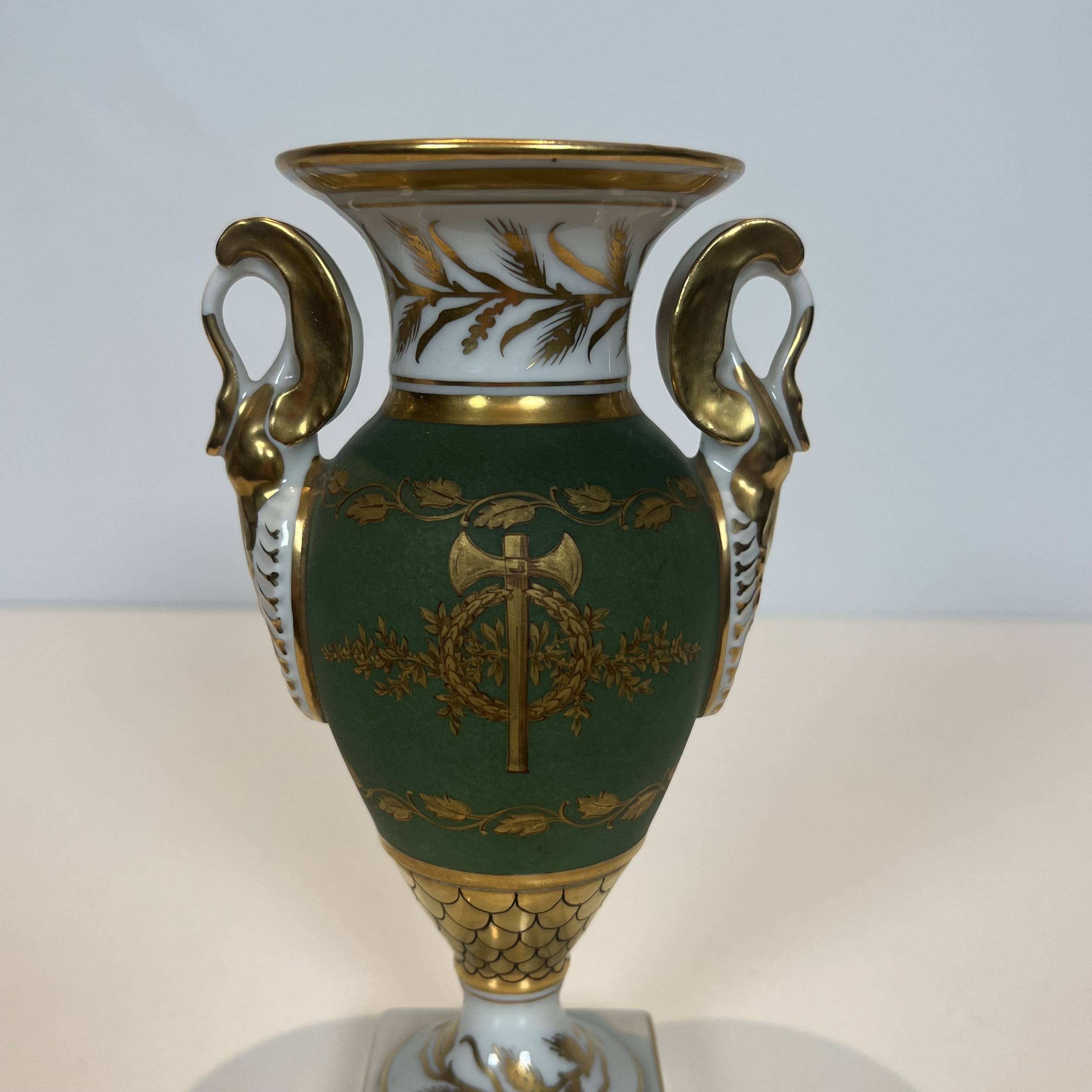 Pair of Empire Style Porcelain Vases, Decorated with Swans and Bundles