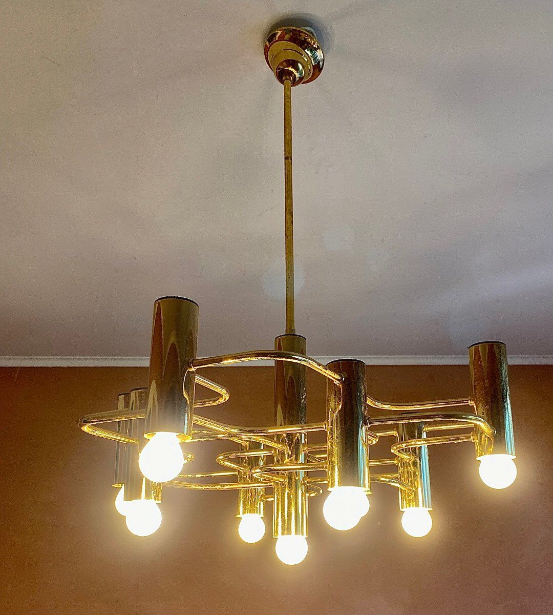 Golden chandelier 9 fires from Sciolari Italy 1960