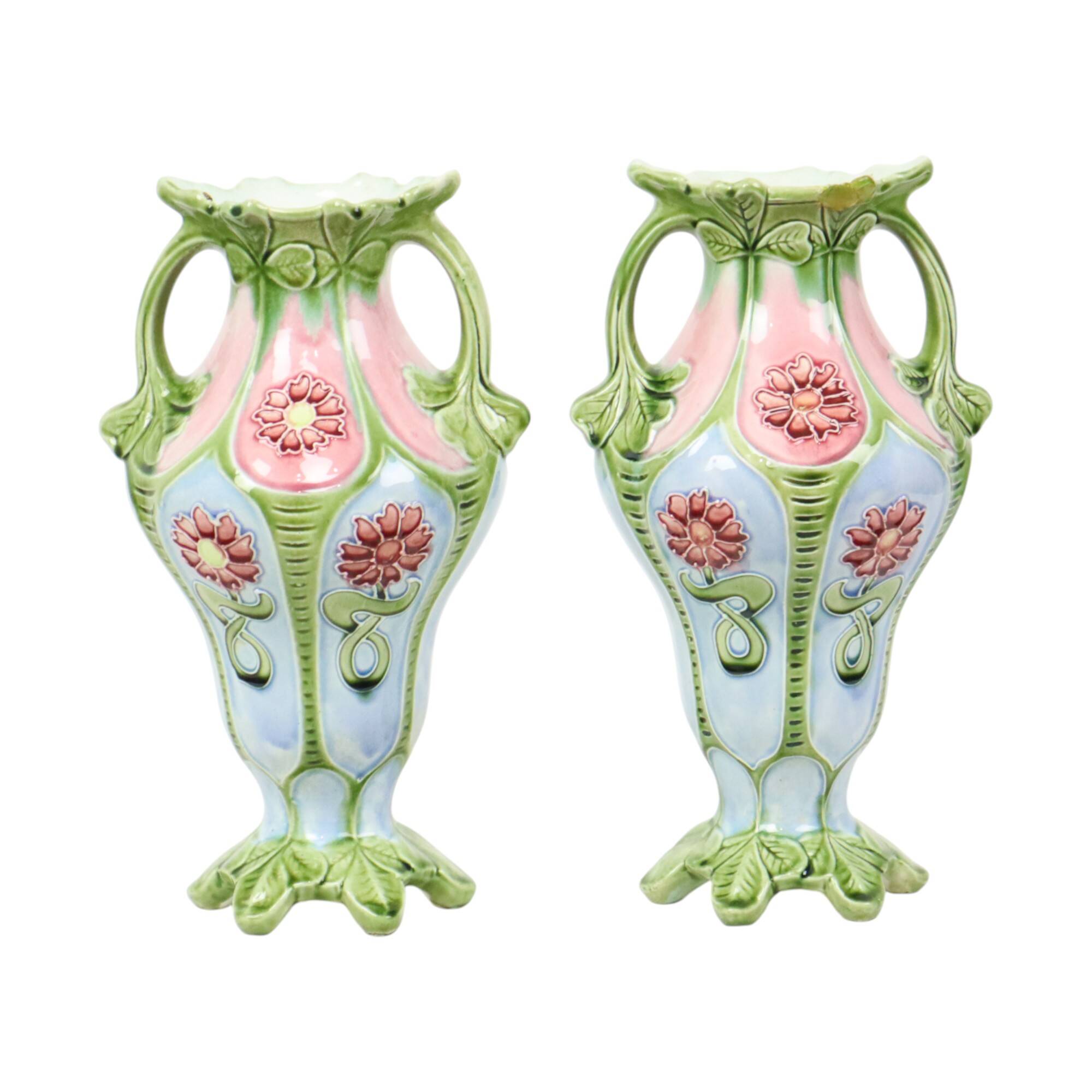 French Art Nouveau Majolica Earthenware Vases ca. 1900