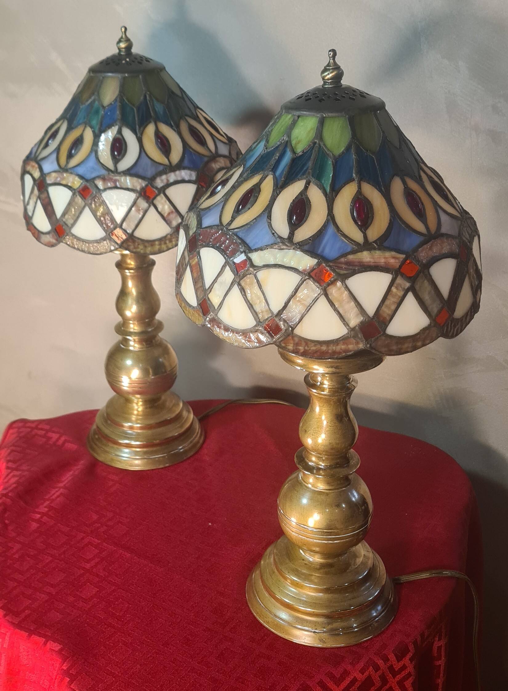 Pair of antique brass lamps, glass lampshades, 42x20, stained glass, Tiffany style.ent