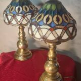 Pair of antique brass lamps, glass lampshades, 42x20, stained glass, Tiffany style.ent