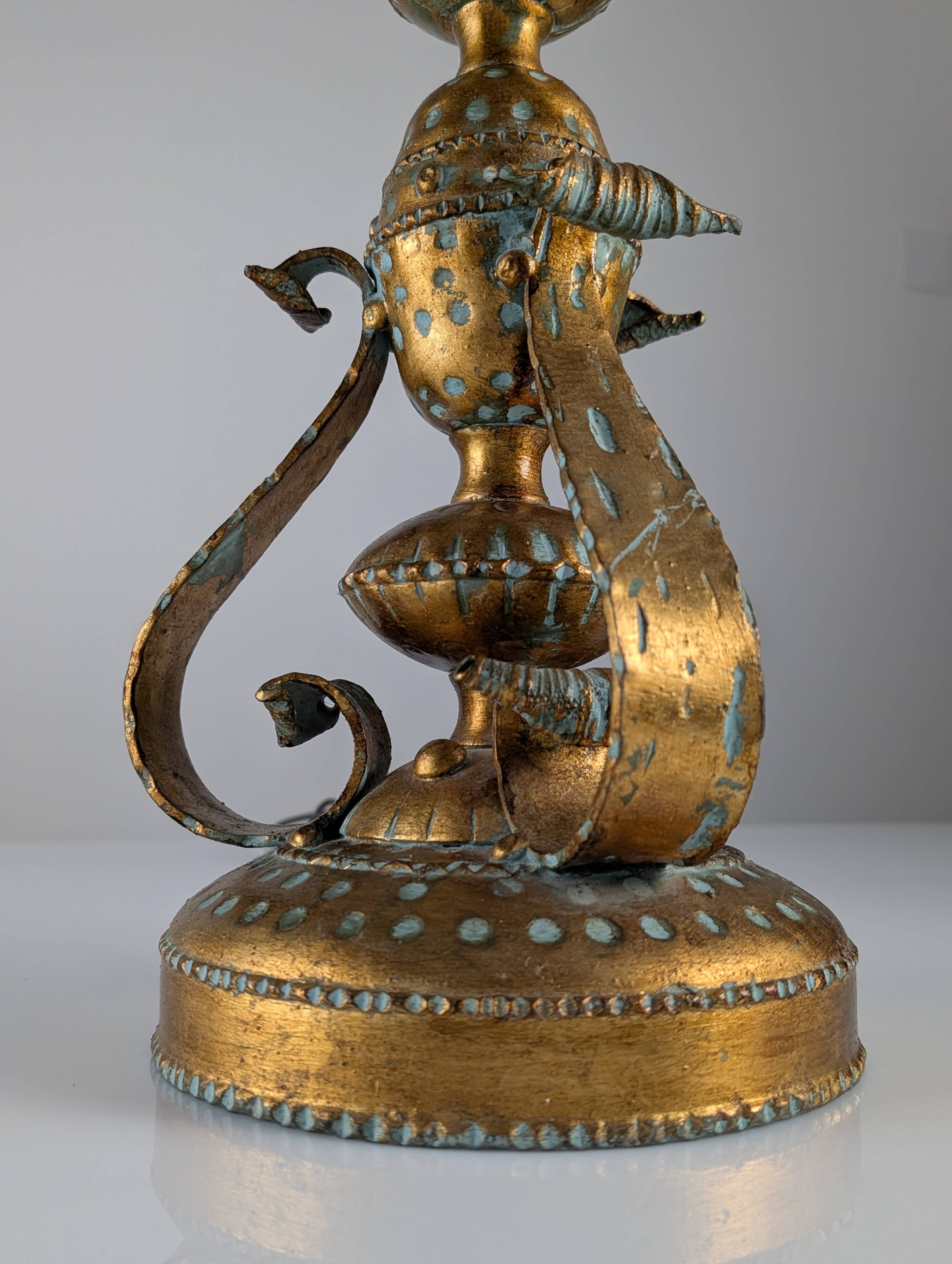 Large Longobard Gilded Metal and Red Hammered Glass Table Lamp