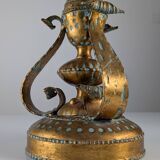 Large Longobard Gilded Metal and Red Hammered Glass Table Lamp