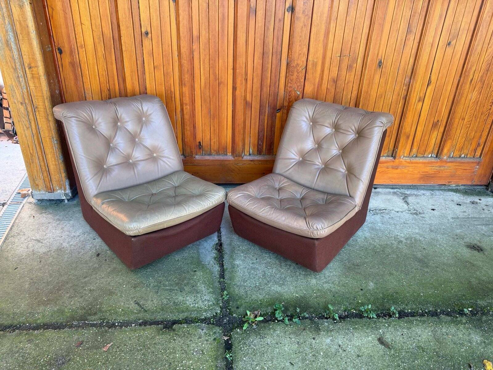 Set of mid-century modern brown leather and fabric chairs, 1960s