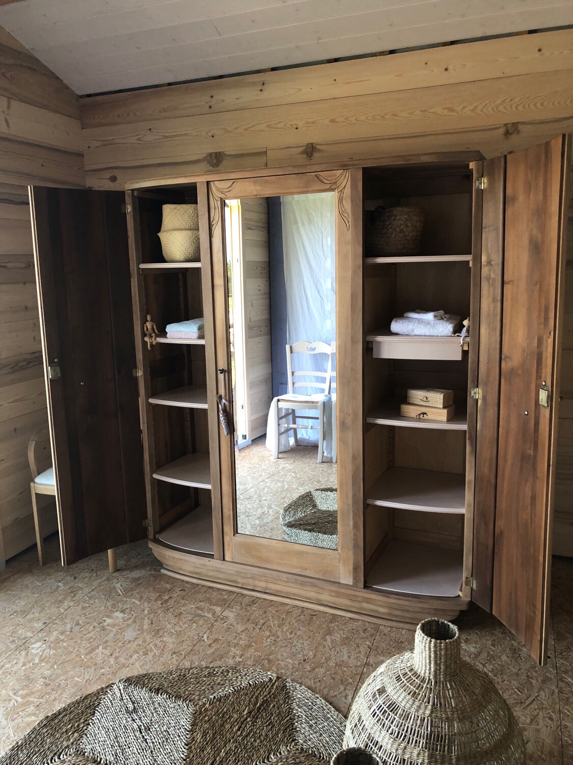Art Deco wardrobe, solid wood and beveled mirror