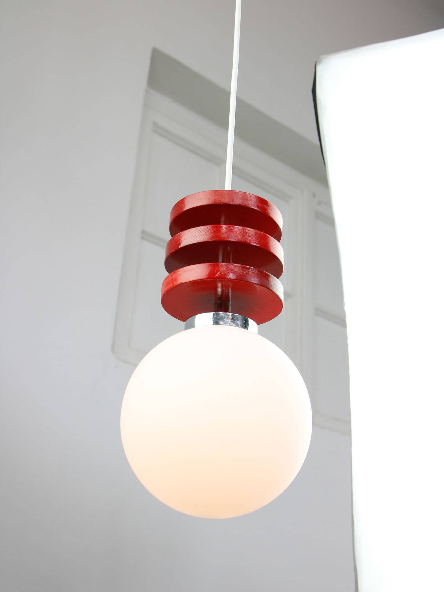 Vintage Italian Red Disc Pendant Lamp In Chrome and Wood, 1970s
