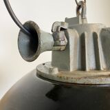 Black enamel and cast iron industrial cage pendant light , 1950s