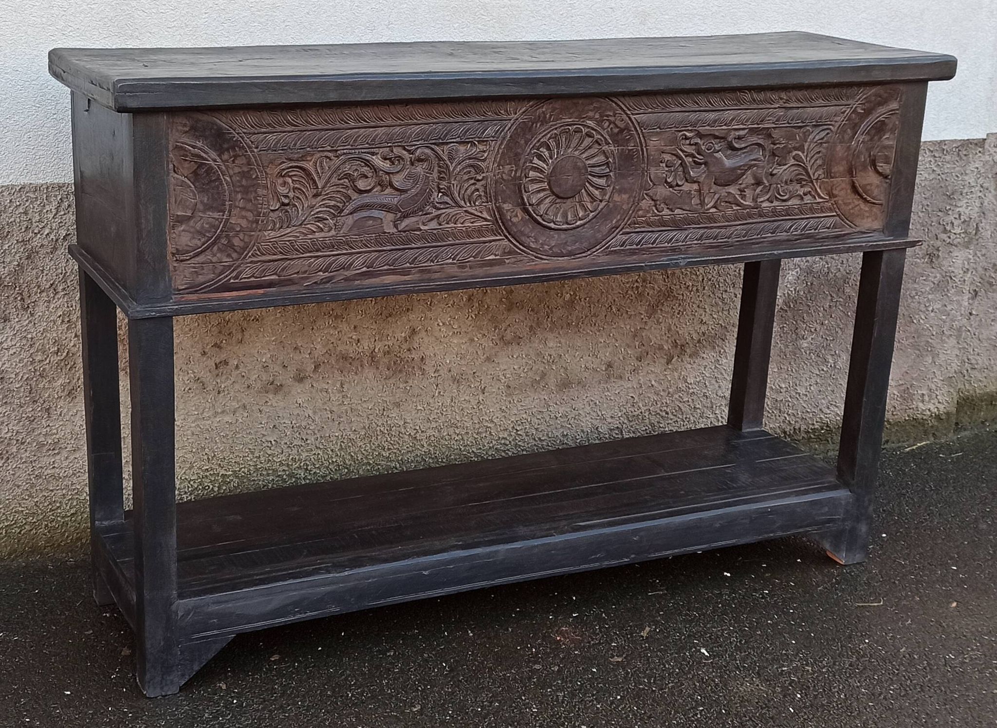 Console in old black wood with integrated chest