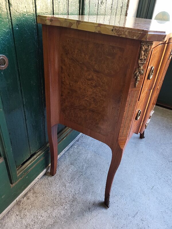 Chest of drawers transition Louis XVl marquetry marble top
