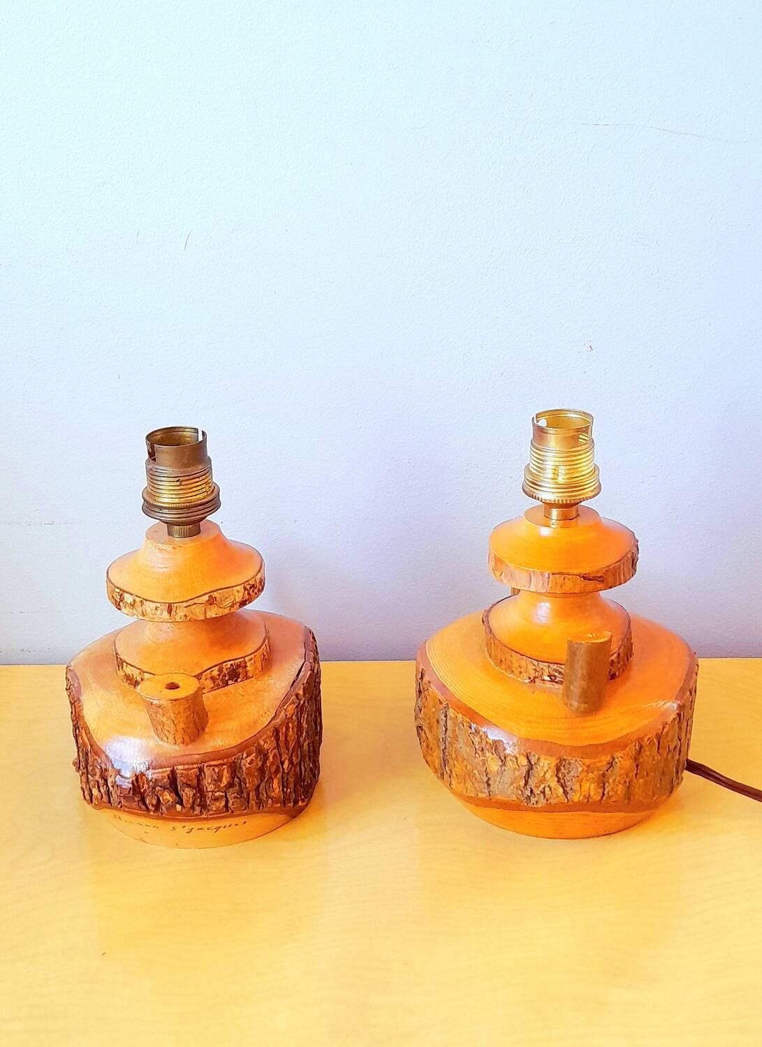 Pair of 60s brutalist wooden lamps