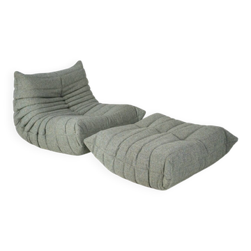 Ensemble de fauteuil et pouf Togo en tweed mélangé.
