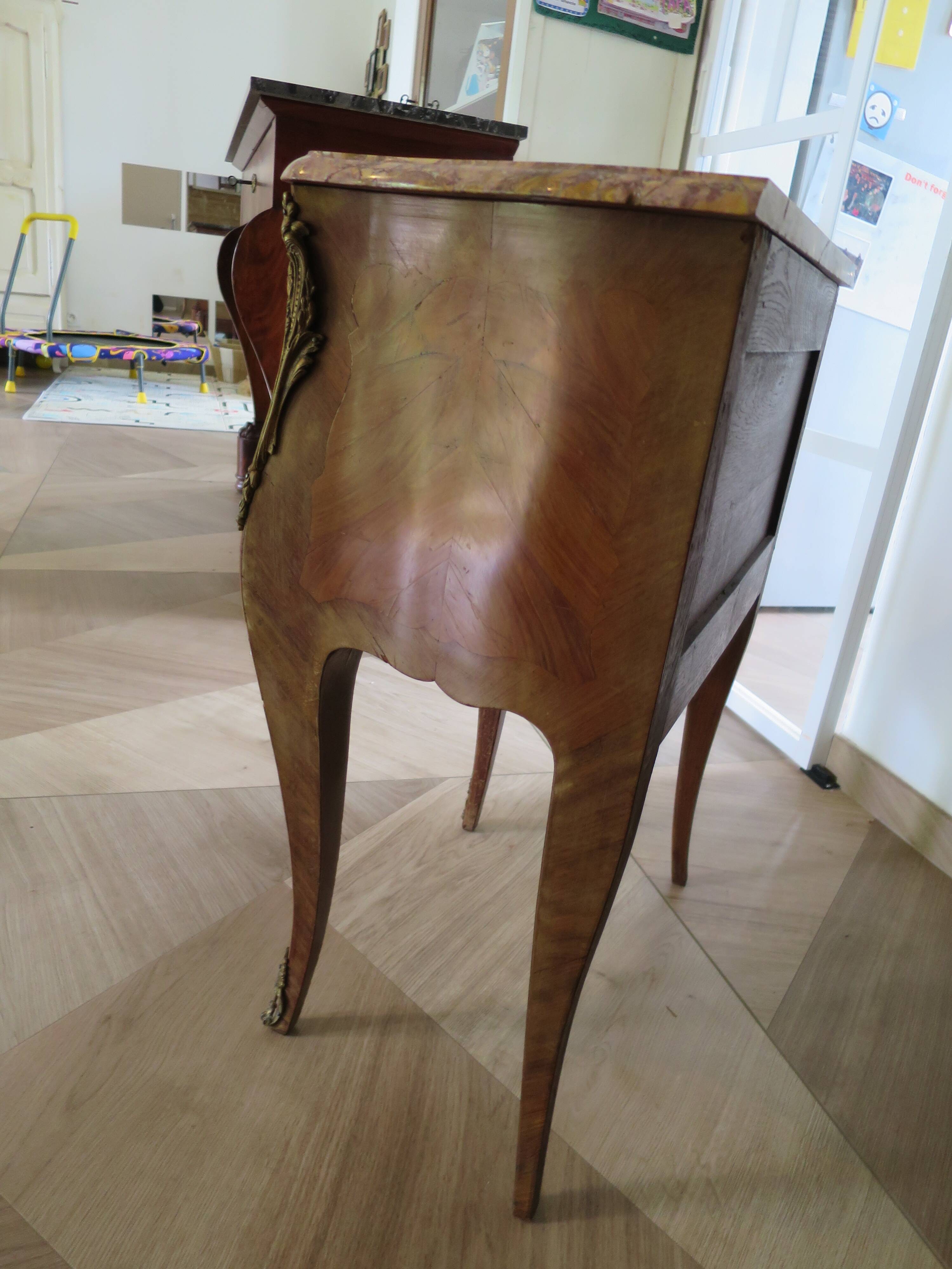 Pair of 2 Louis XV bedside tables - marquetry - 2 drawers - pink marble