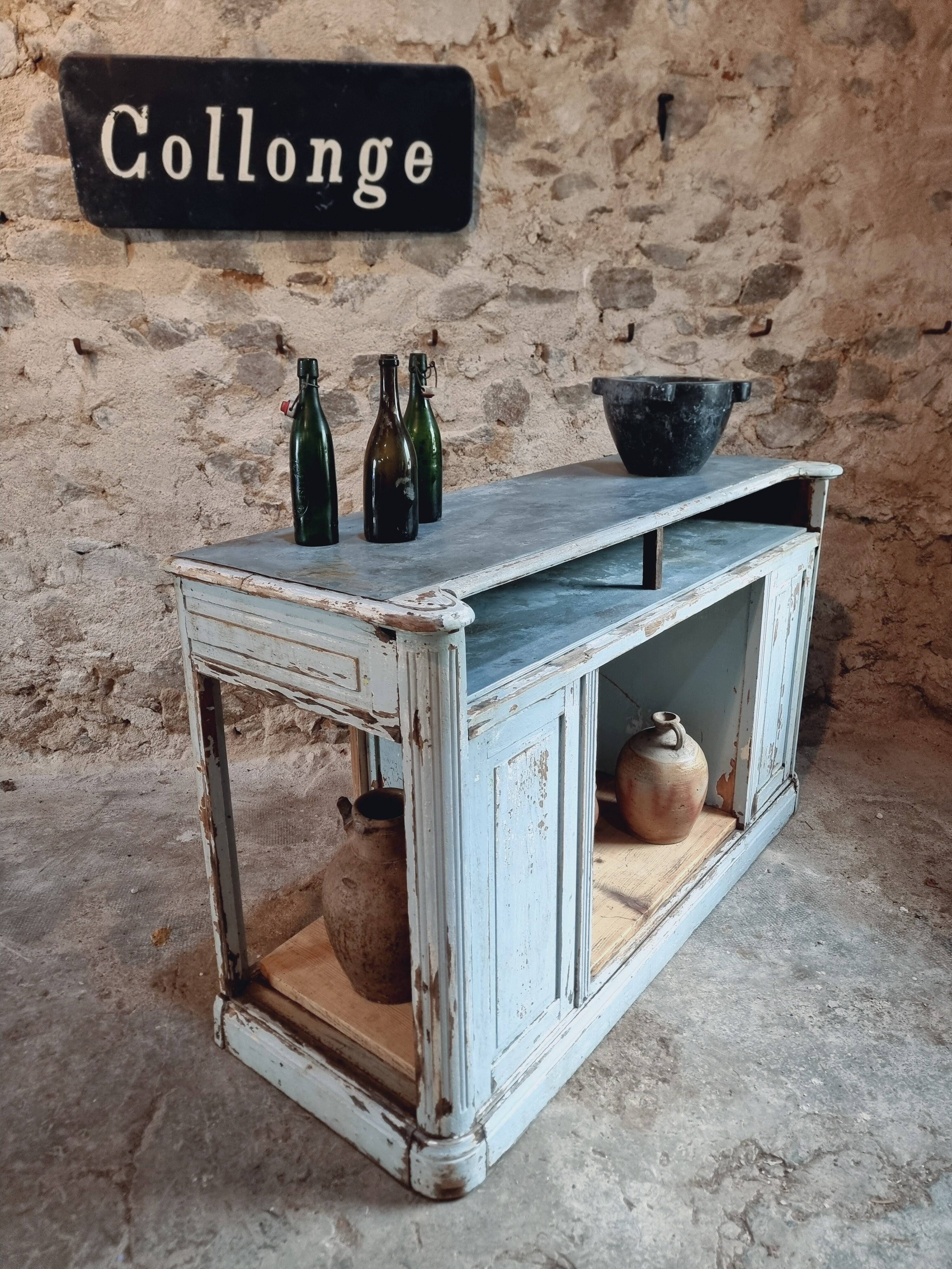 Comptoir ancien en chêne avec plateau en zinc et patine bleue