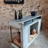 Antique oak counter with zinc top and blue patina