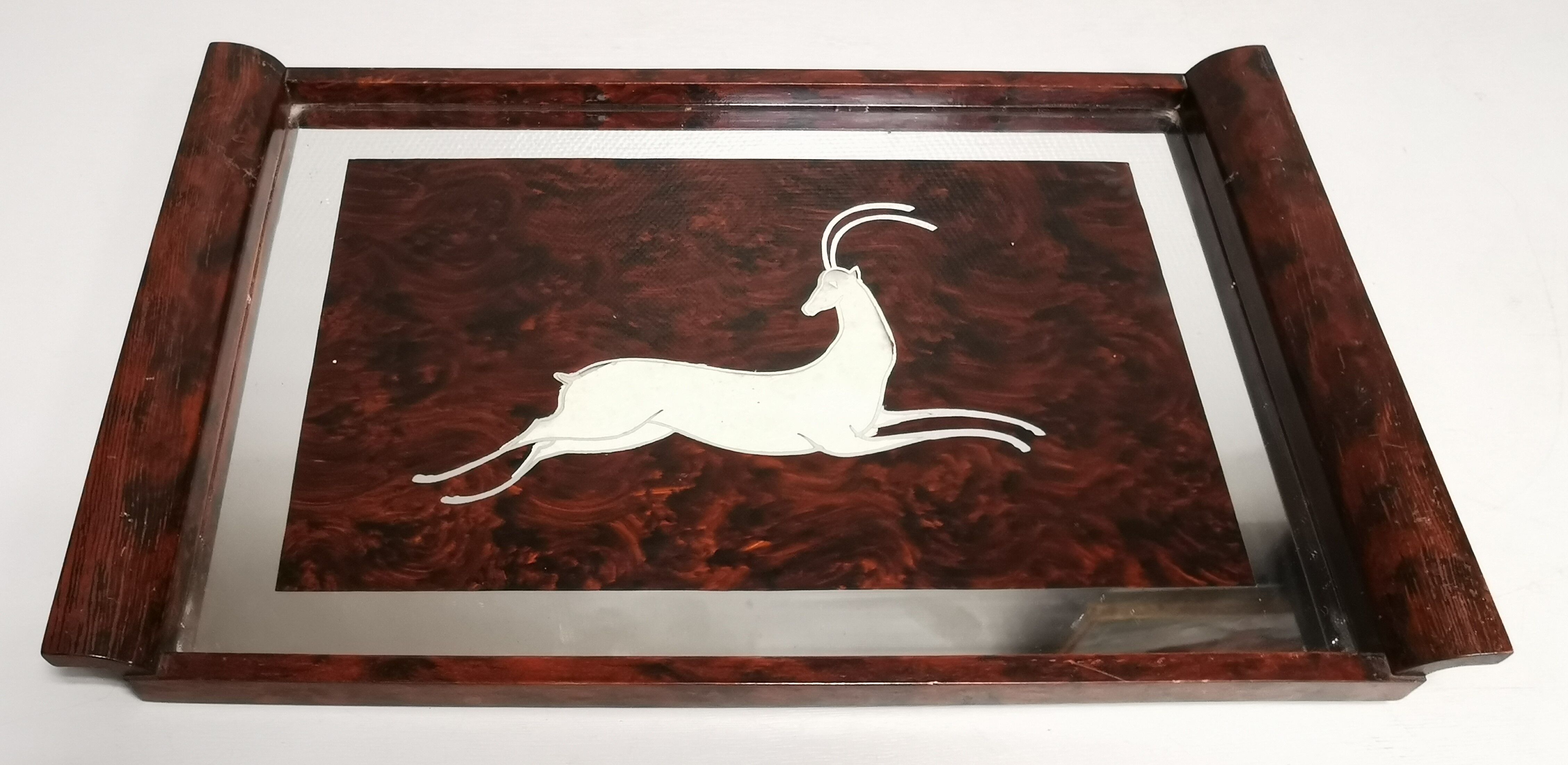 Plateau design art déco décor de gazelle bois et miroir