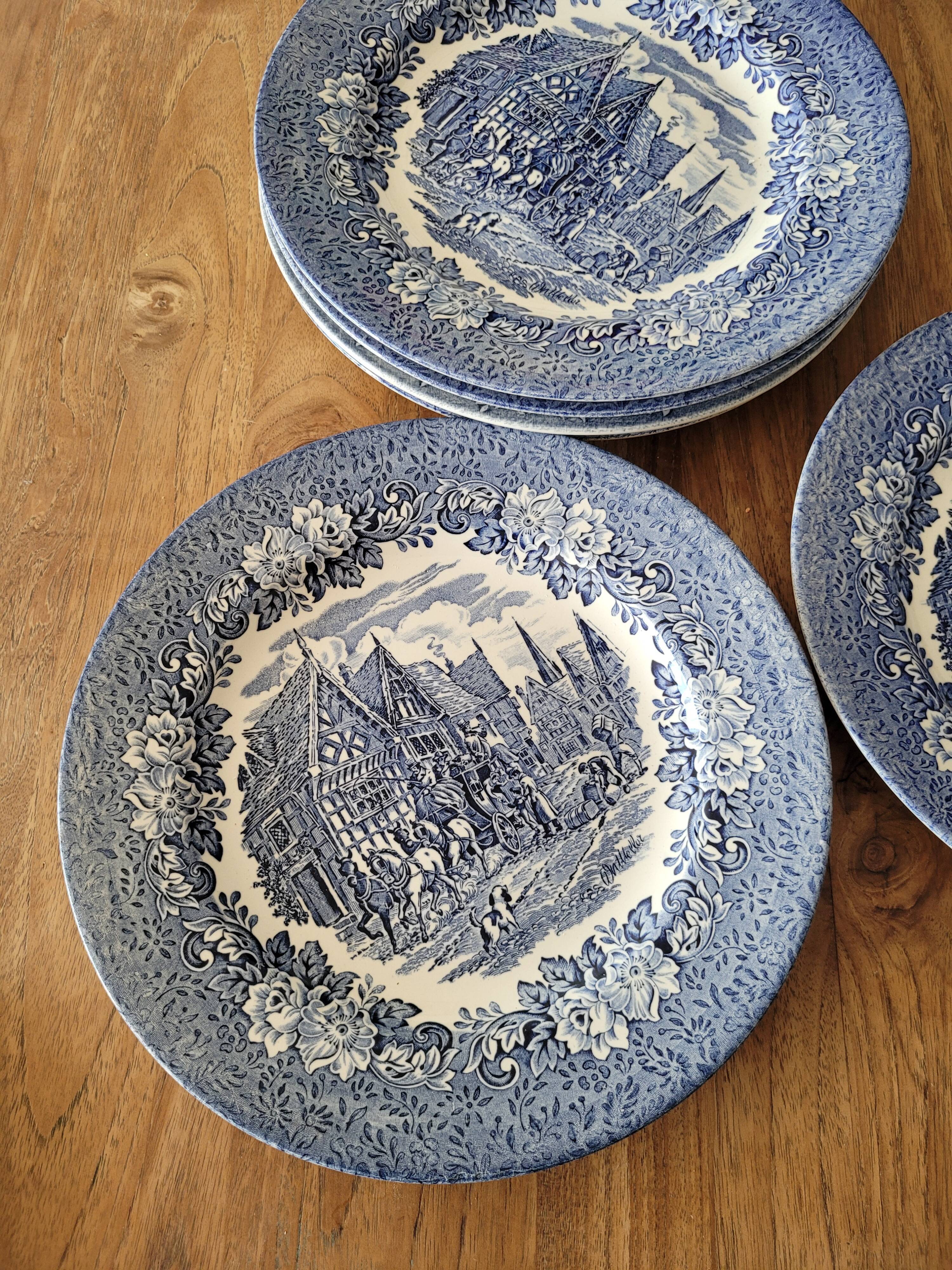 6 blue plates made in england