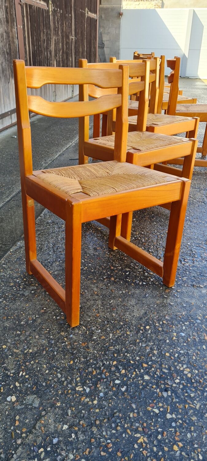 Set of 8 chairs in elm and straw by Maison Regain
