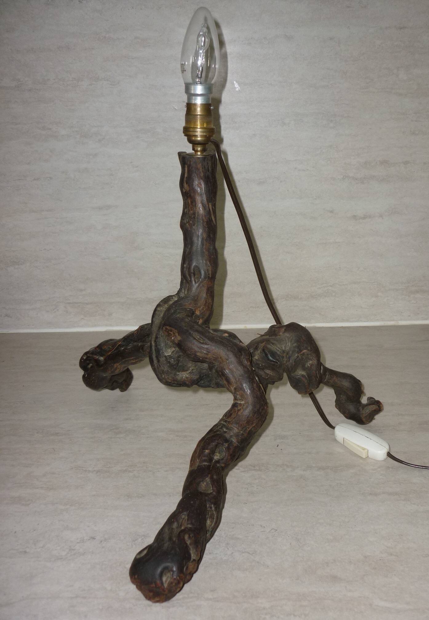 Brutalist lamp in vine stock and vintage rope or fabric lampshade