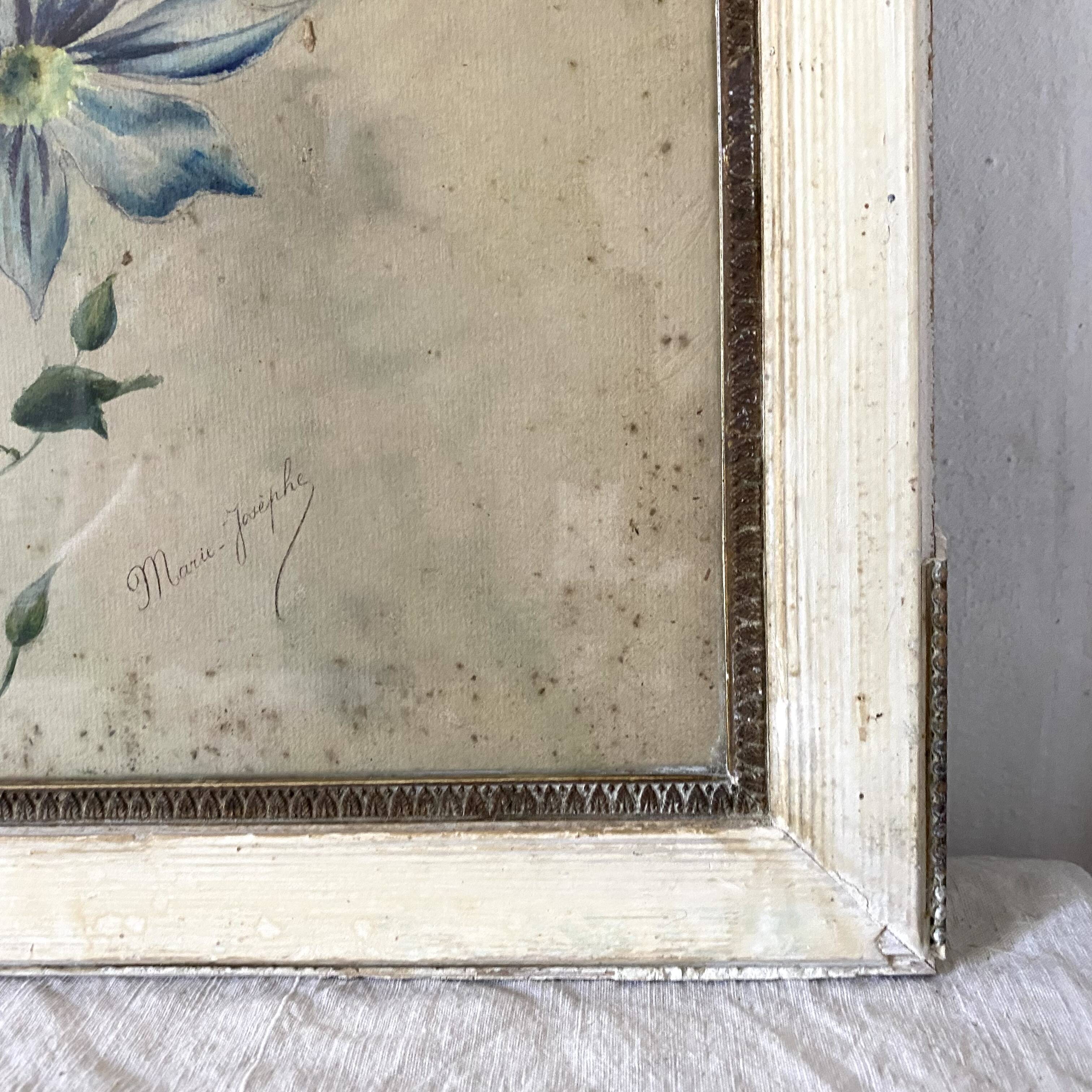 Triptych of old watercolors, flowers, 19th century