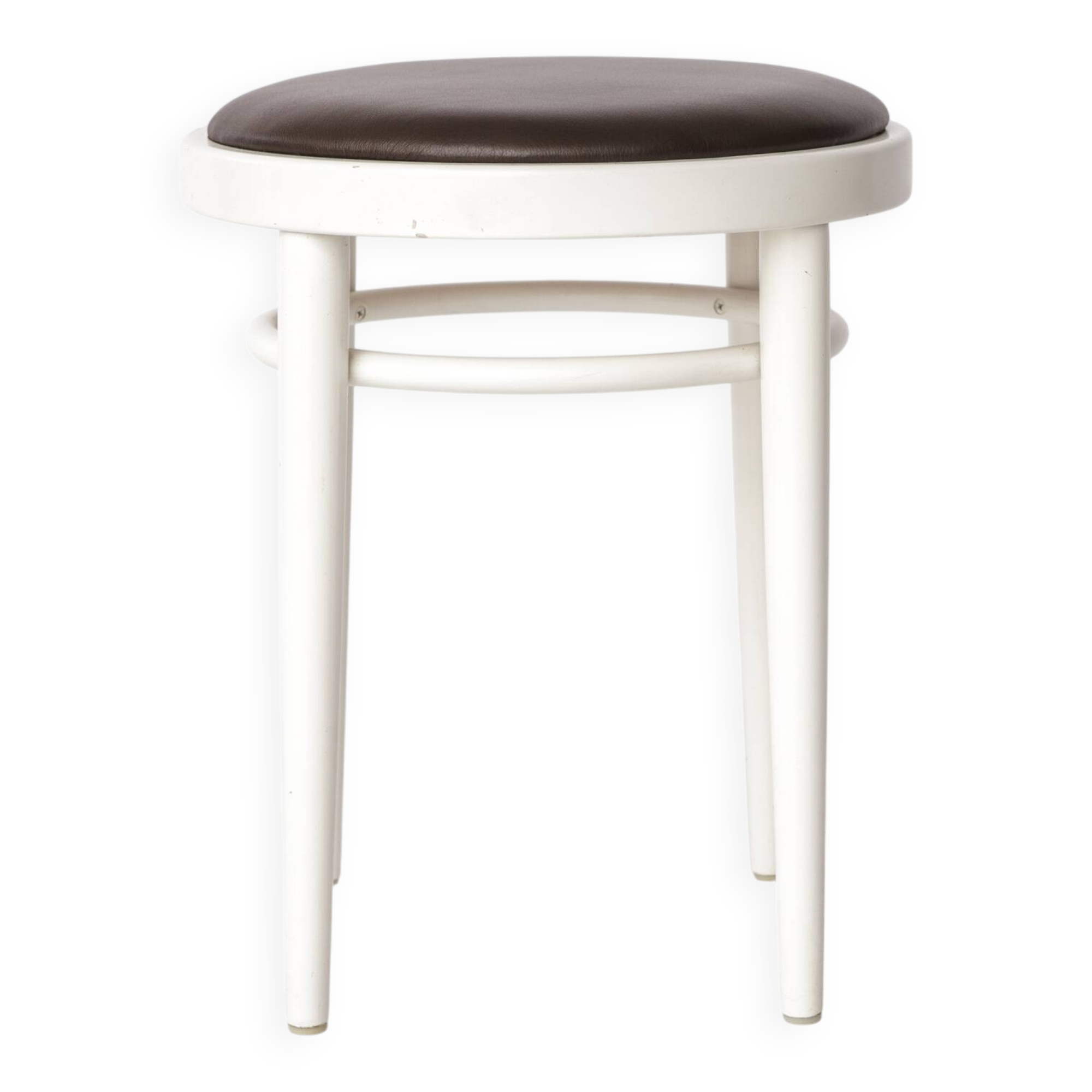 Vintage Thonet Stool – White Lacquered Wood & Brown Leather – 1990s–2000s