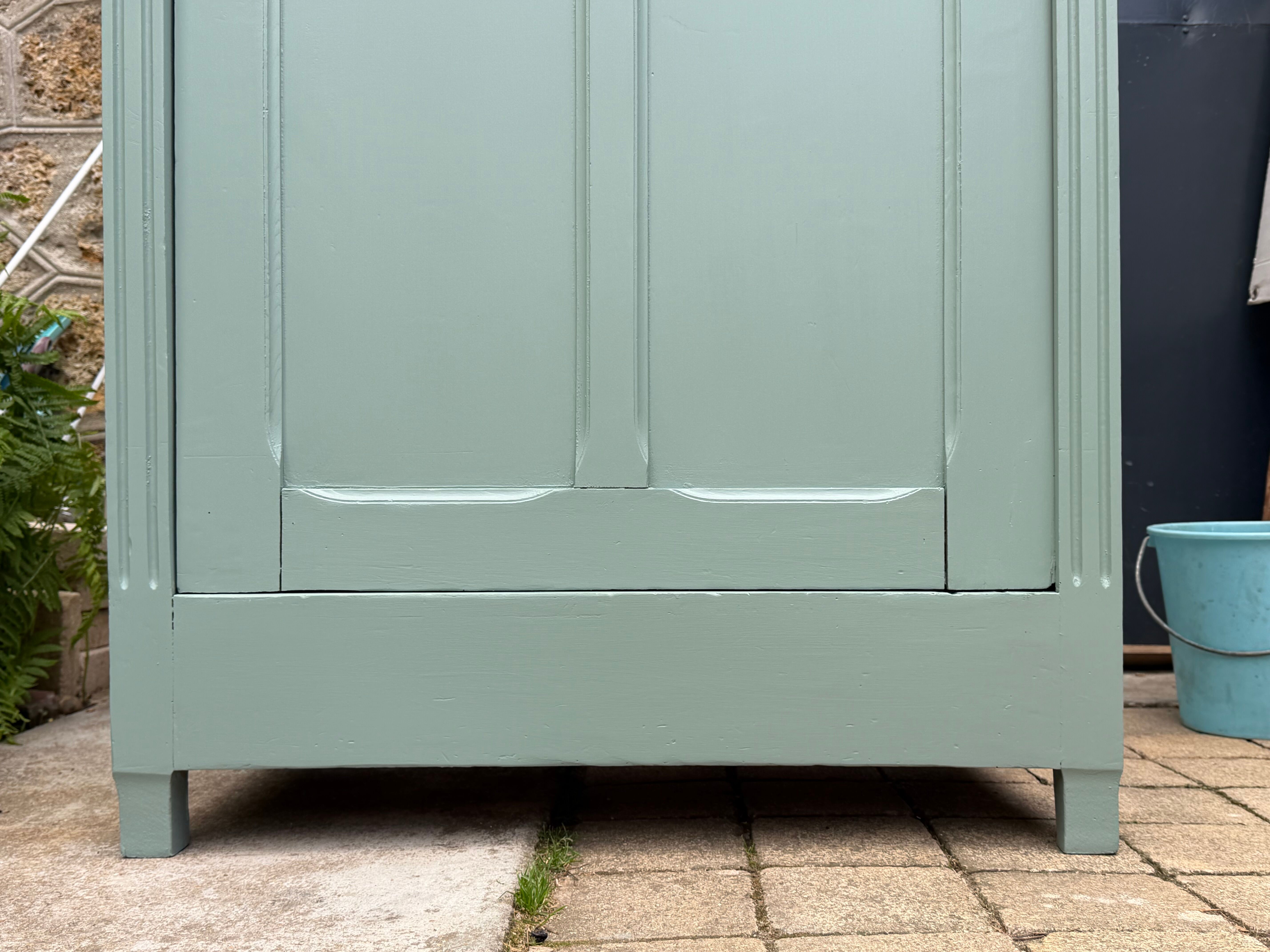 Antique Parisian wardrobe in grey-green solid pine.