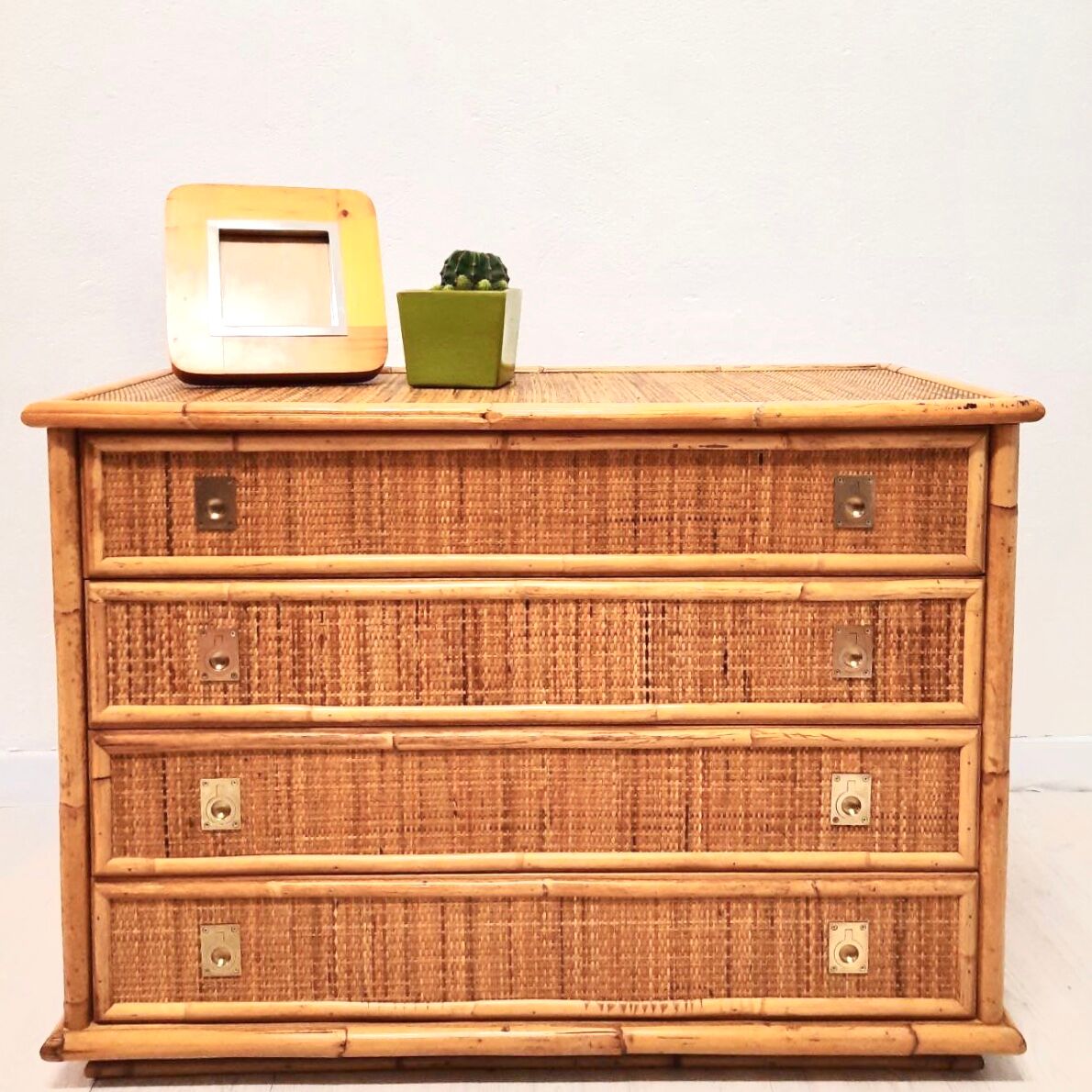 Chest of drawers, dresser, 1960s, Dal vera, bamboo and wicker, brass handles