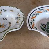 Two antique shaving dishes in decorated earthenware, hand-painted