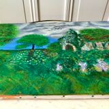 Tableau huile sur toile paysage église pointillisme ancien