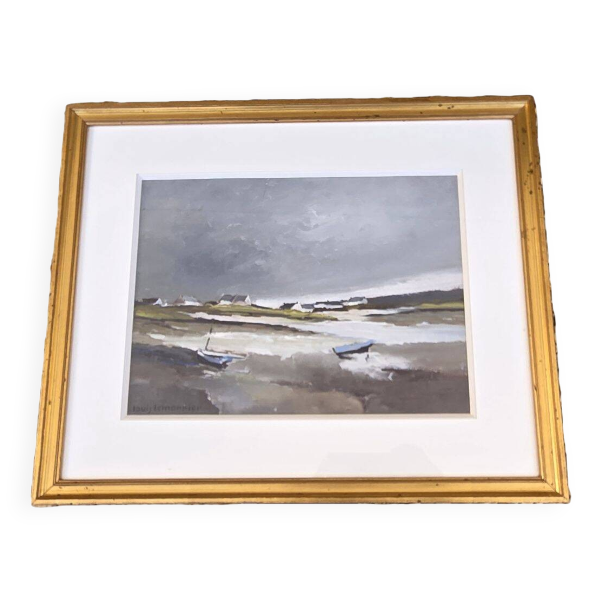 Lemonnier Louis - Boats at Low Tide Breton Marine Painting