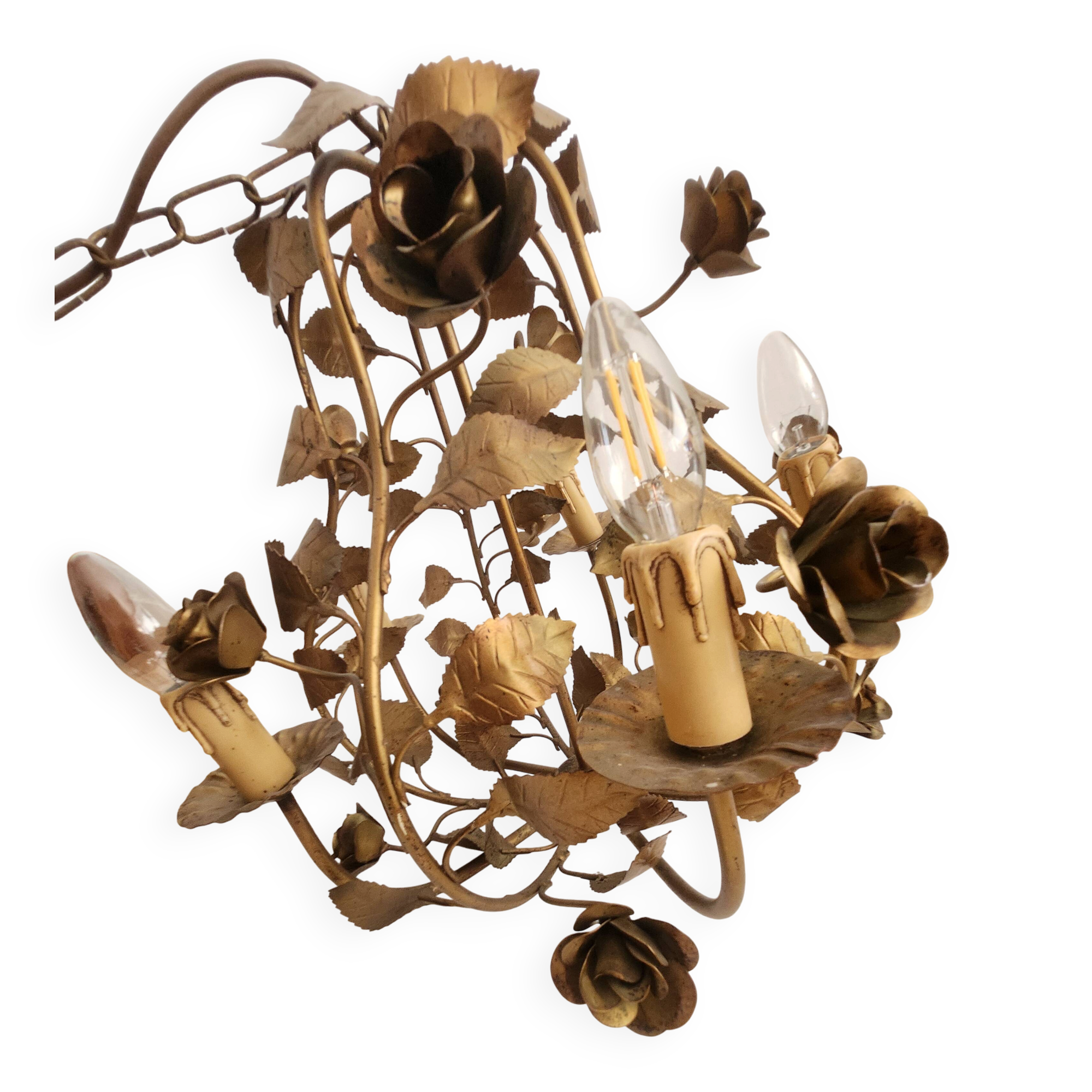 Chandelier hand-forged Hollywood Regency rose leaf decorations
