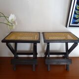 Pair of folding stools wood and wicker
