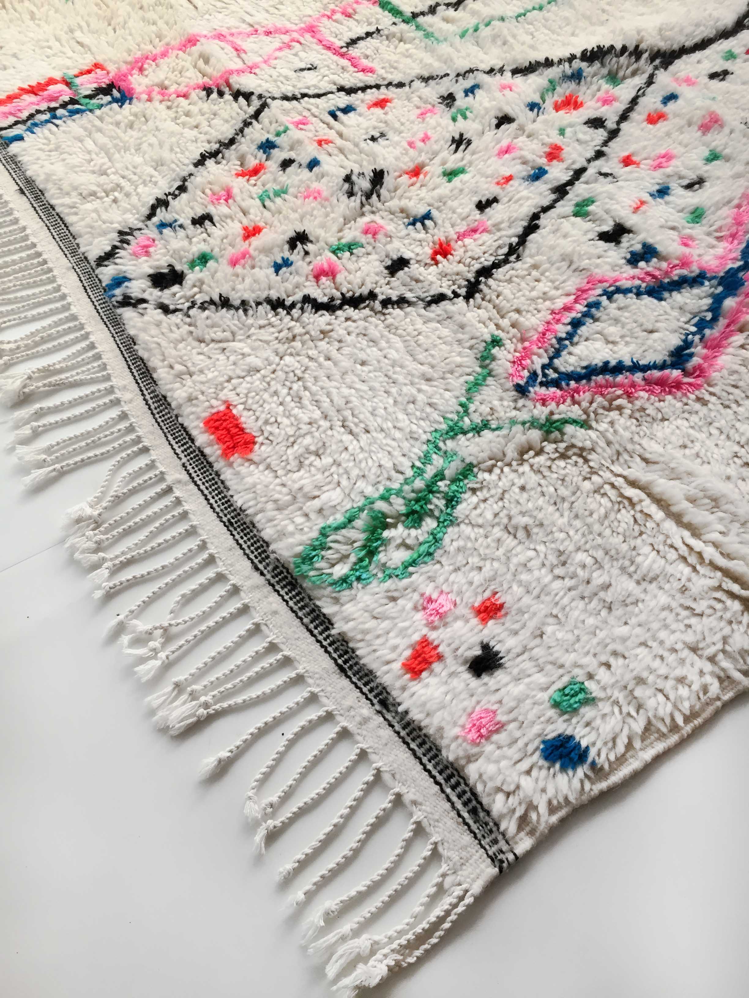 Moroccan Berber carpet Azilal ecru with colorful patterns 250x146cm