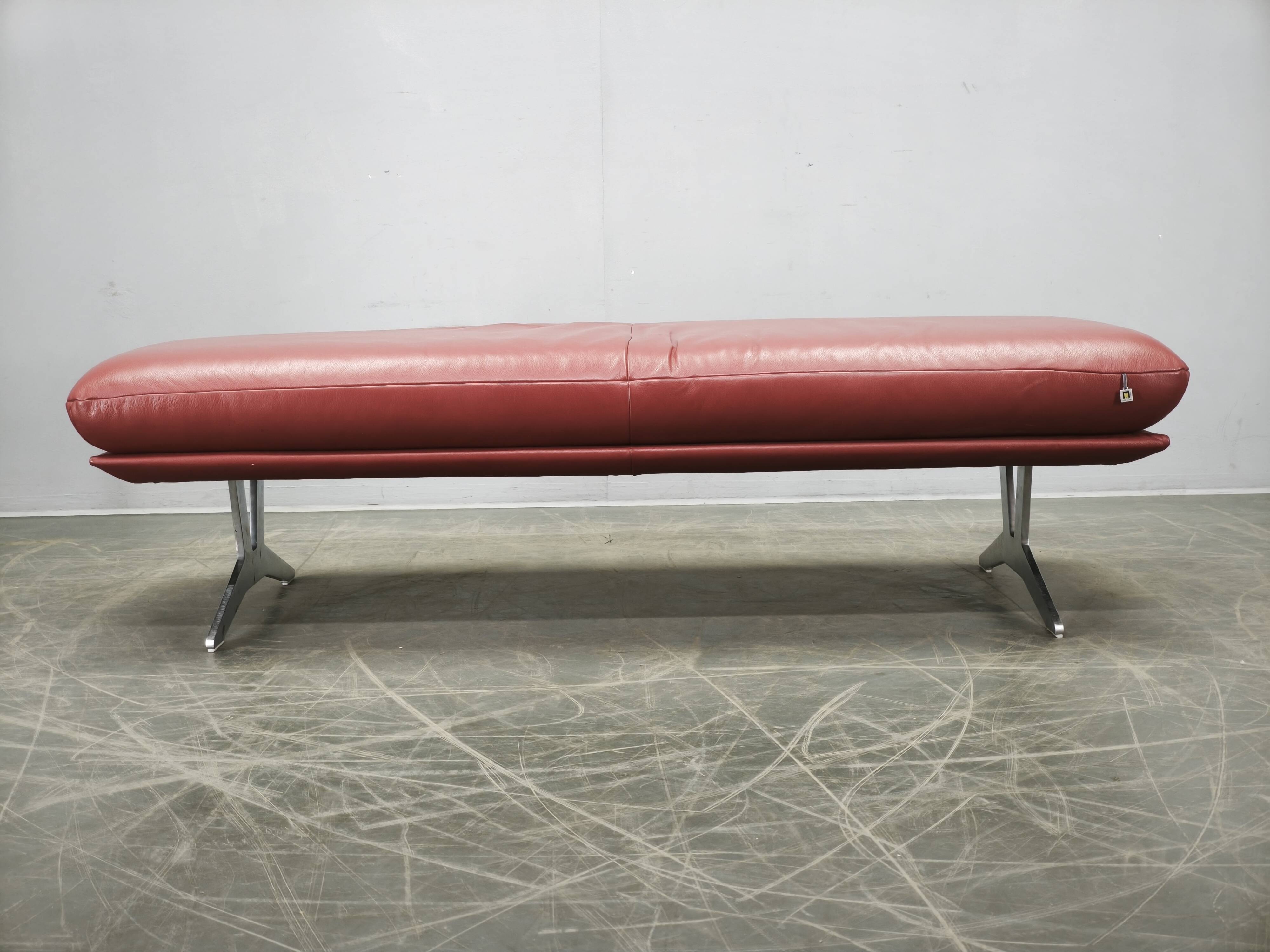 German Koinor Leather Bench with Brushed Stainless Steel Base 2020s